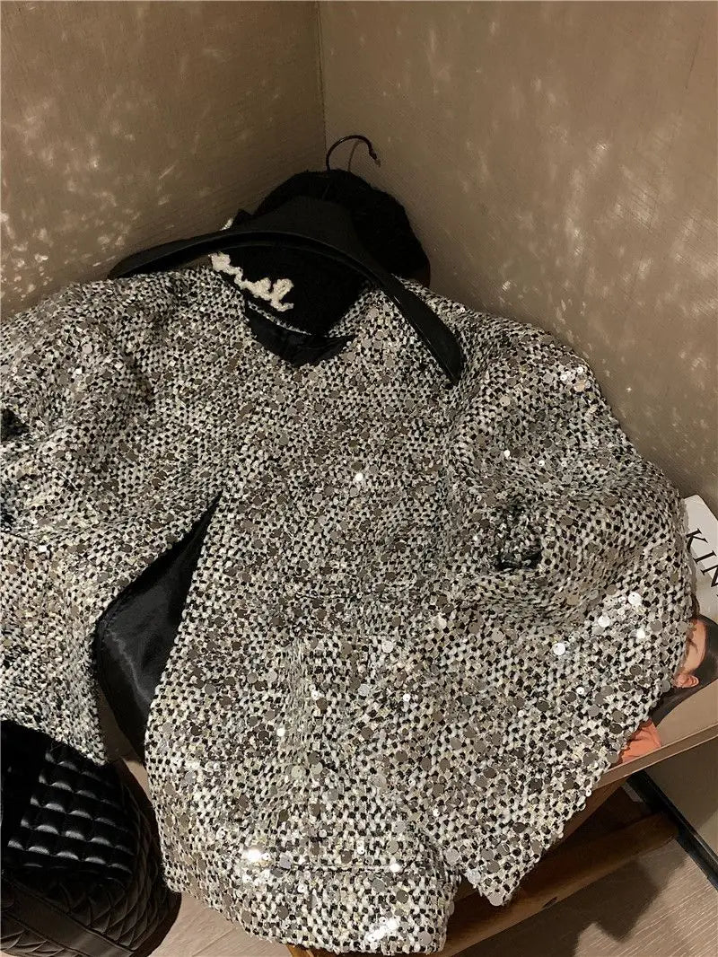 Elegant Sequined Tweed Button-Front Jacket for Women