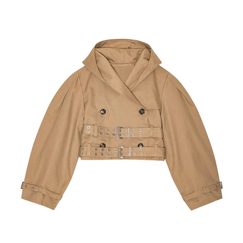 Khaki Cotton Blended Double Breasted Puff Sleeve Coat For Women