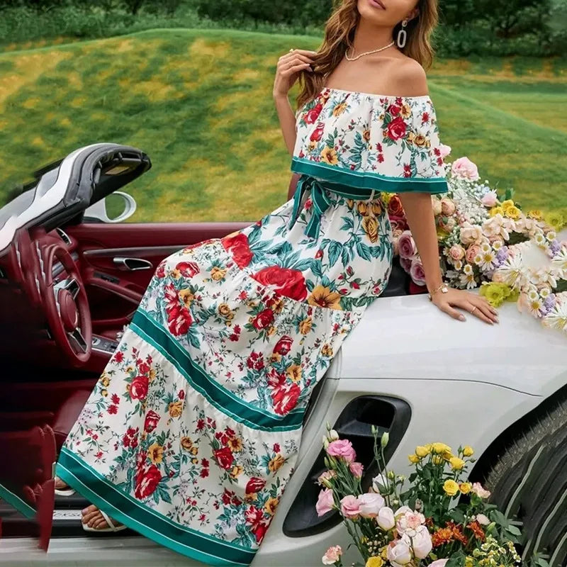 Floral Print Off Shoulder High Waist Dress for Women