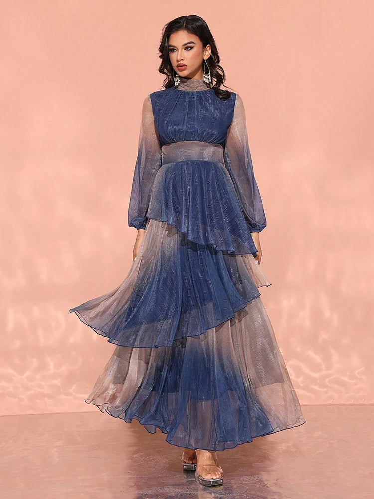TOLEEN 2024 New Women's Luxury Elegant Party Evening Dress With Stand Collar, Lantern Sleeves, And Ruffle Hem In Gradient Fabric