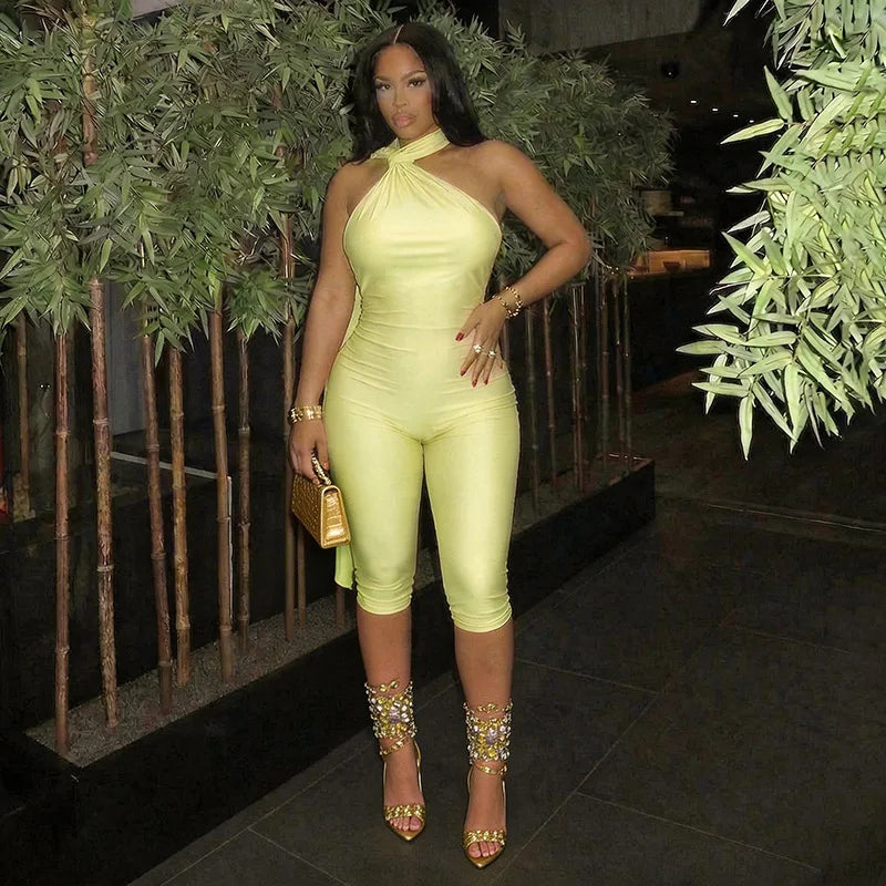 Sexy Ruched Backless Halter Bandage Jumpsuit for Women