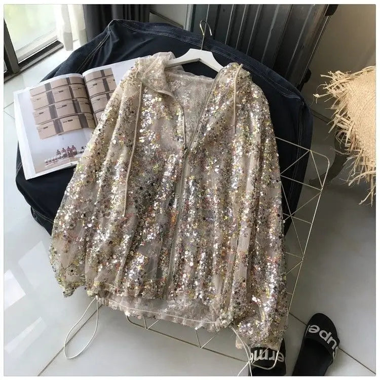 2025 Summer New Sunscreen Clothing Women's Coat Glitter Hollow Out Coat Thin Fashion Long Sleeve Hoodie