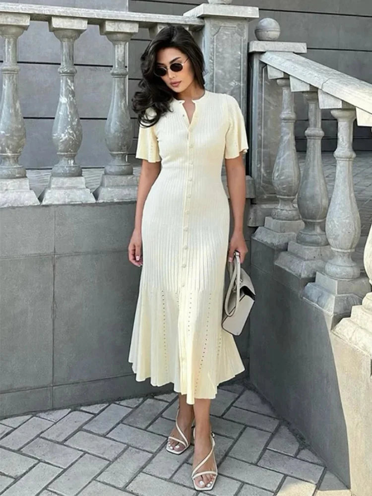 Elegant Pleated Hem Street Fashion O Neck Bell Sleeve Slim Knit Midi Dress 2025 Women Summer Beach Swimsuit Cover Up Tunic A3055