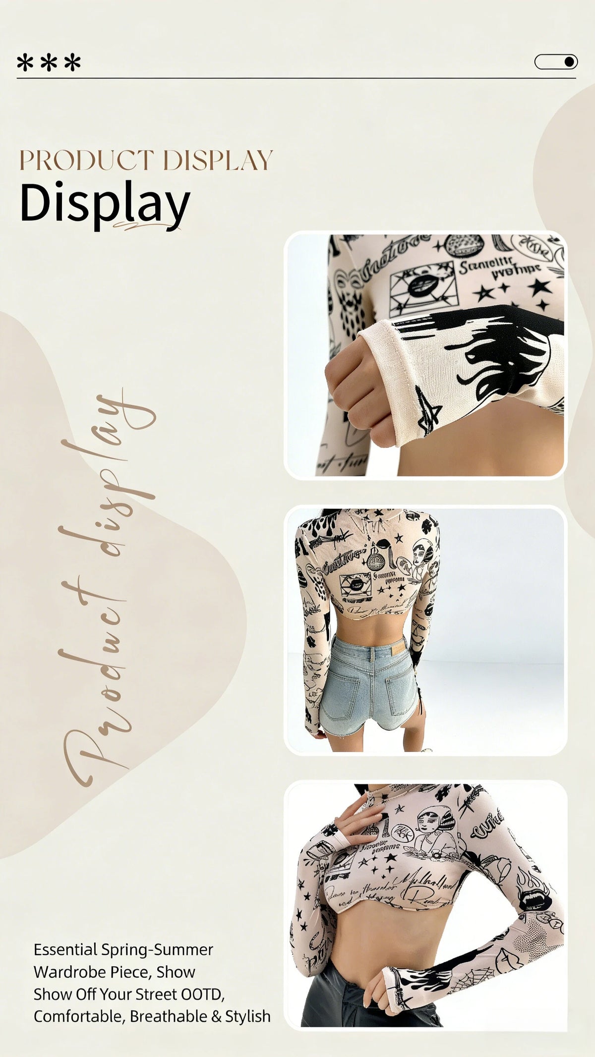 Patterned Mock Neck Cropped Long Sleeve Top for Women