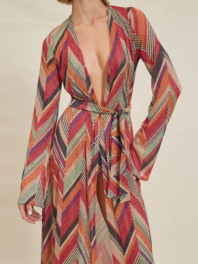 Printing Patchwork Fashion Two Pieces Outfit, Women Spring Summer V Neck Long Lacing Up Coat Set, 2025 Wide Leg Pants Lady Suits