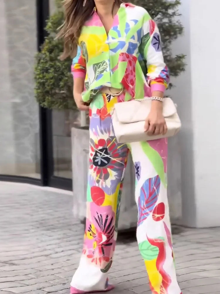 Loose Printed Shirt And Wide Leg Pants Set for Women