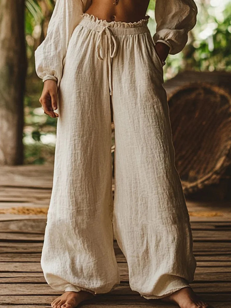 Women's Cotton and Linen Casual Loose Wide Leg Pants Autumn Retro Elastic Waist Drawstring Tied Pocket Pants Ethnic Vacation