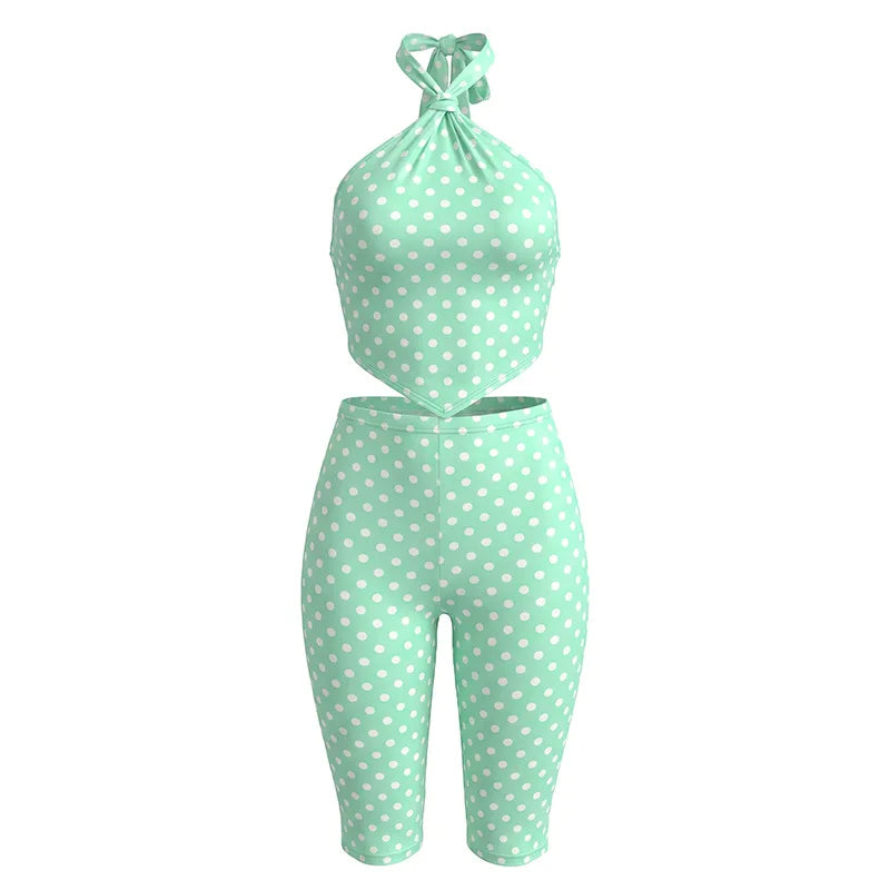 Polka Dot Ruched Mint Green Two Piece Set for Women