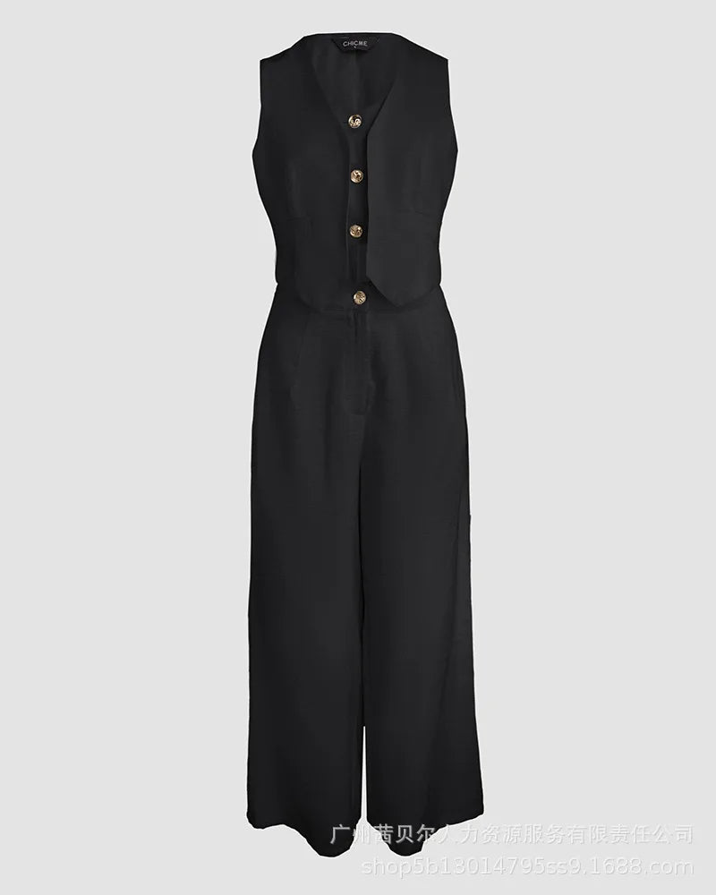 Women New 2 Pieces Outfits Metal Button Decor V Neck Sleeveless Tank Top and Casual Plain Loose Fit Pants Set