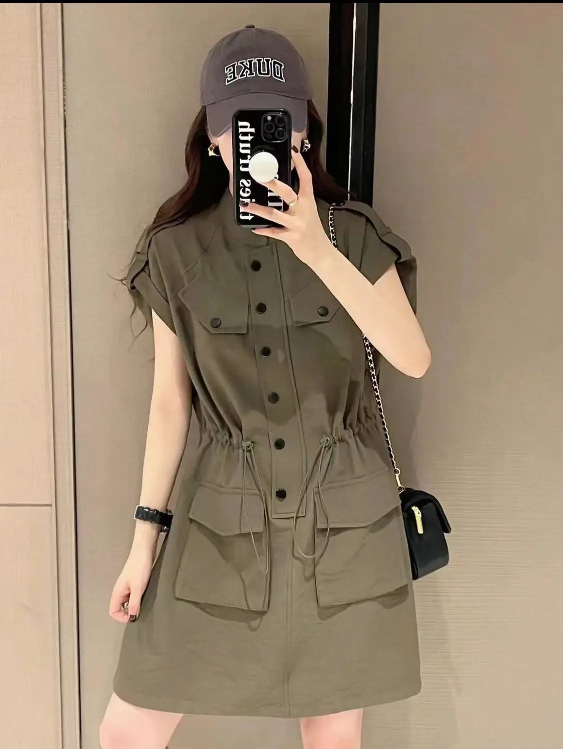 European Retro Stand Collar Drawstring Midi Dress for Women