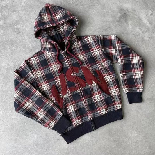 Plaid Knit Zip Hoodie