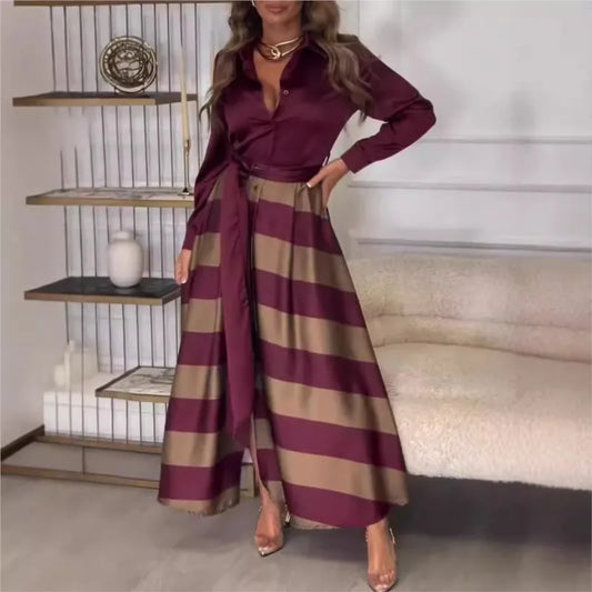Women's Fashion Spring Autumn Satin Long Dress Casual Long Sleeved Lace Up Turn-down Collar Skirts Vintage Pattern Printed Dress