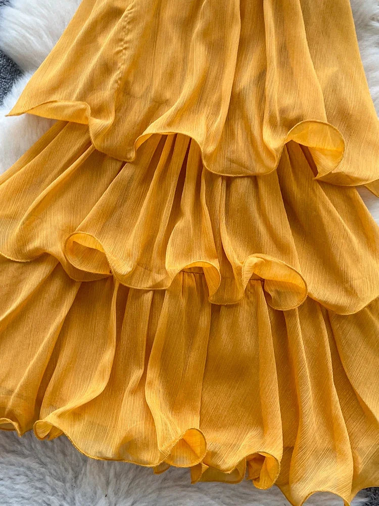 Yellow Halter Neck Lace-Up Ruffle Mini Dress for Women