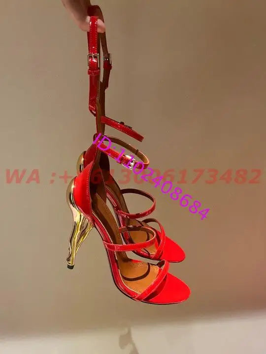 New Fashion Design Women Gold Cabaret Sculptural-Heel Strappy Sandals Ankle Strap Heel Cabaret Dancers Sandals Plus Size