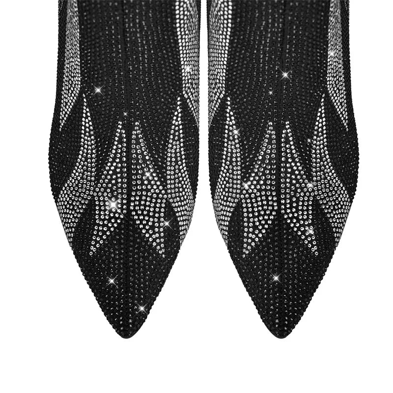 Pointed Toe Rhinestone Knee High Boots with Thin Heels for Women