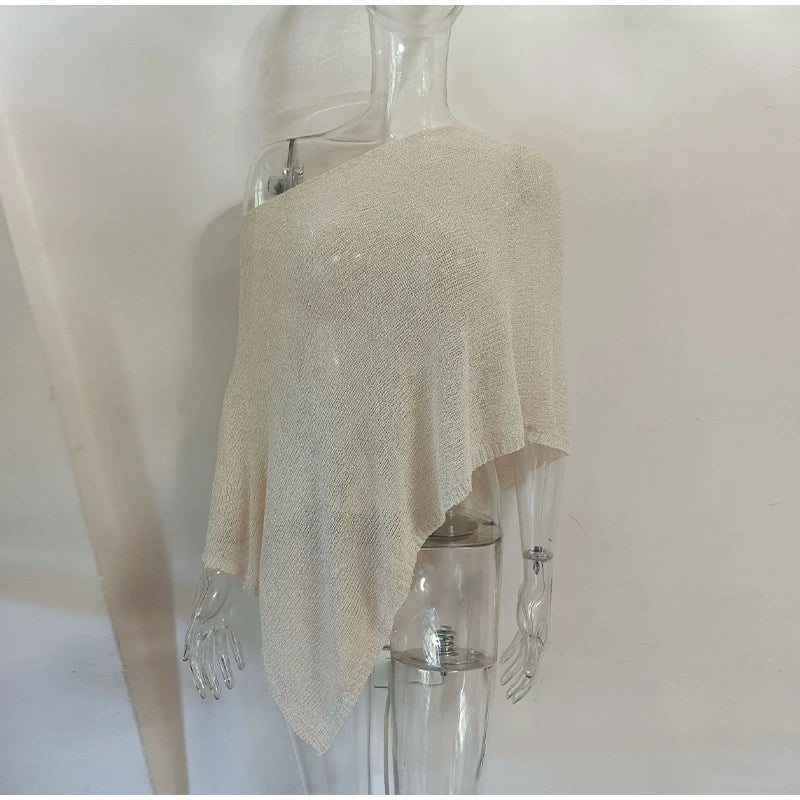 Sheer Knit O Neck Asymmetrical Loose Blouse for Women