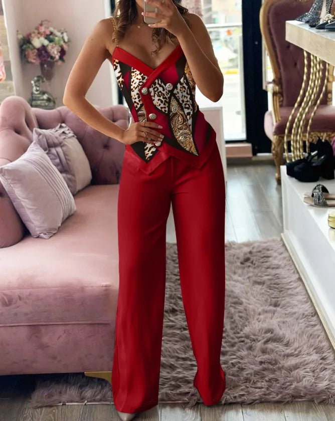 V-Neck Metal Suspender Top Two-Piece Set for Women