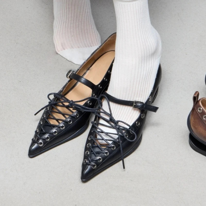 Retro Pointed Toe Lace-Up Rivet Detail Pumps for Women