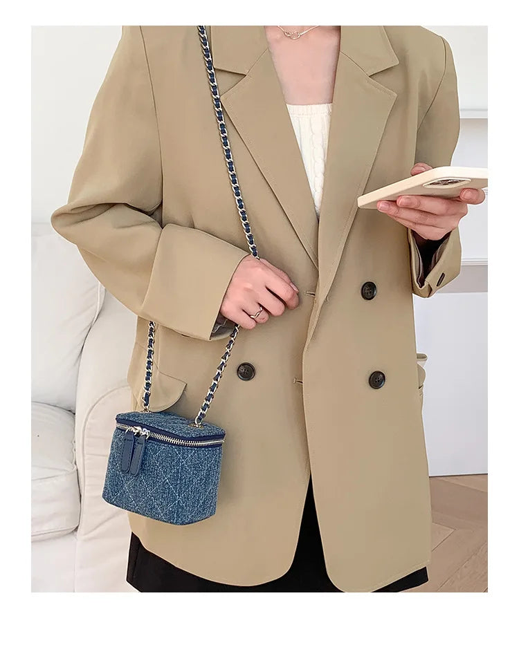 Mini Denim Crossbody Bag with Chain Strap for Women