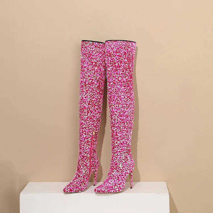 Sequin Pointed Toe Over The Knee Stiletto Boots For Women With Rear Zipper