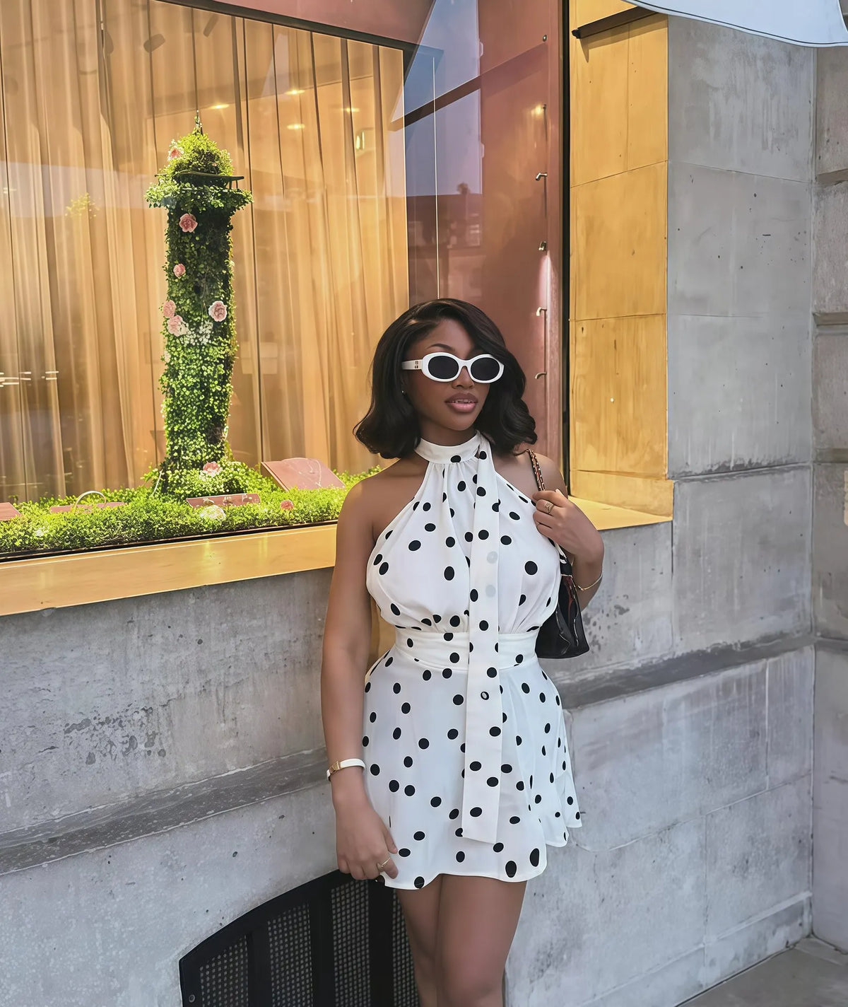 Retro Halter Neck Polka Dot Chiffon Mini Dress for Women