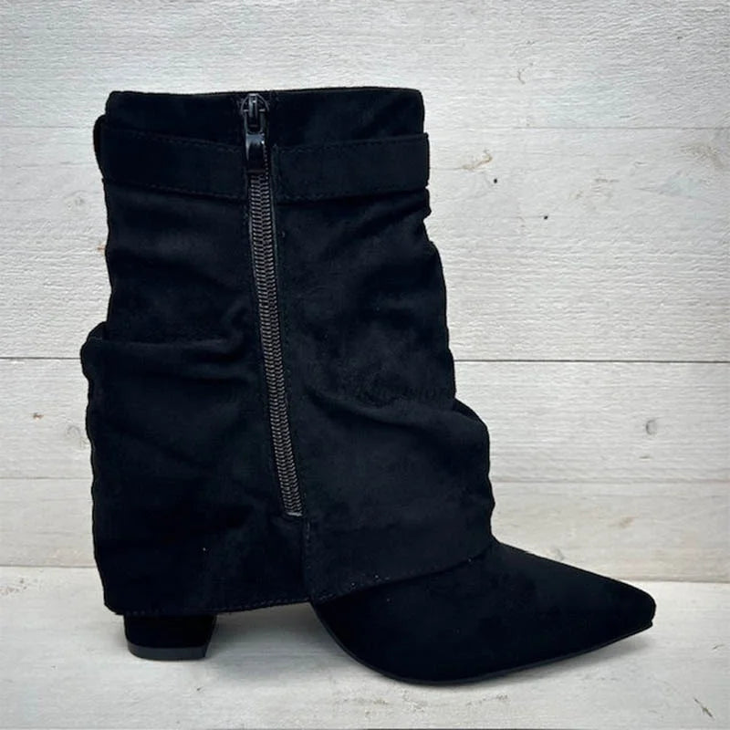 Suede Pointed Toe Metal Buckle Chunky Heel Mid Calf Boots For Women