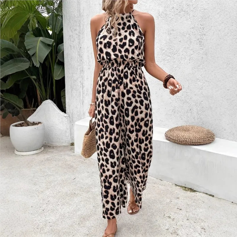 Leopard Print Halter Neck Full Length Jumpsuit for Women