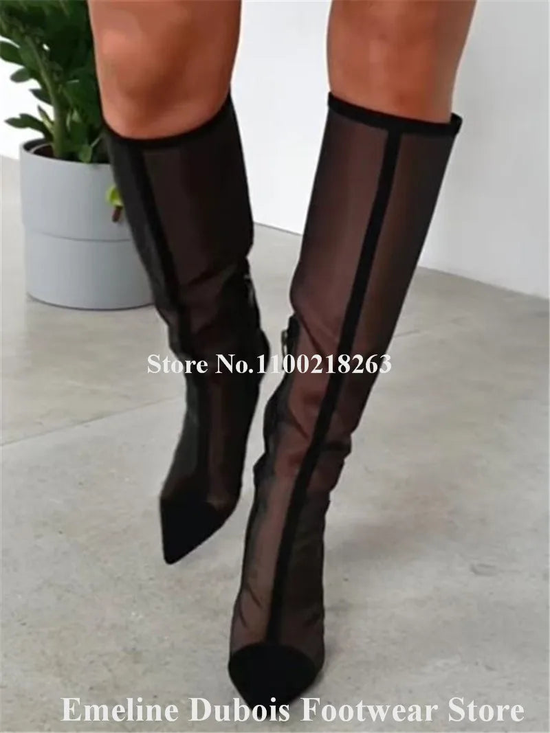 Black Mesh Patchwork Knee High Stiletto Boots for Women
