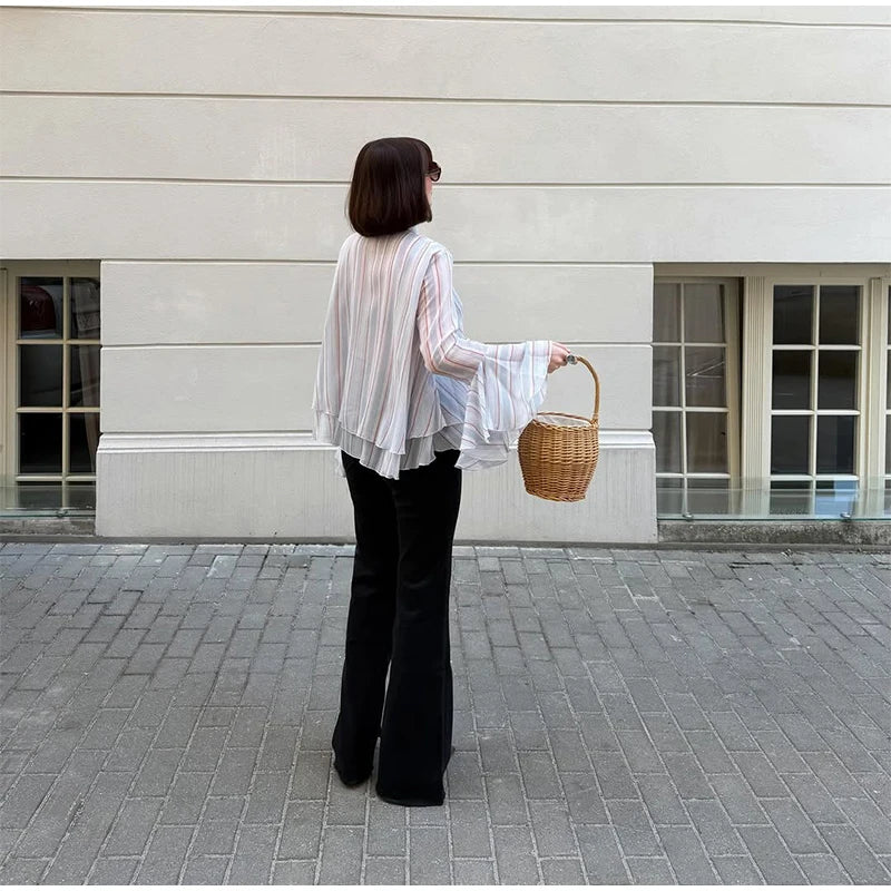 Casual Striped Long Flare Collar Cascading Ruffle Shirt for Women