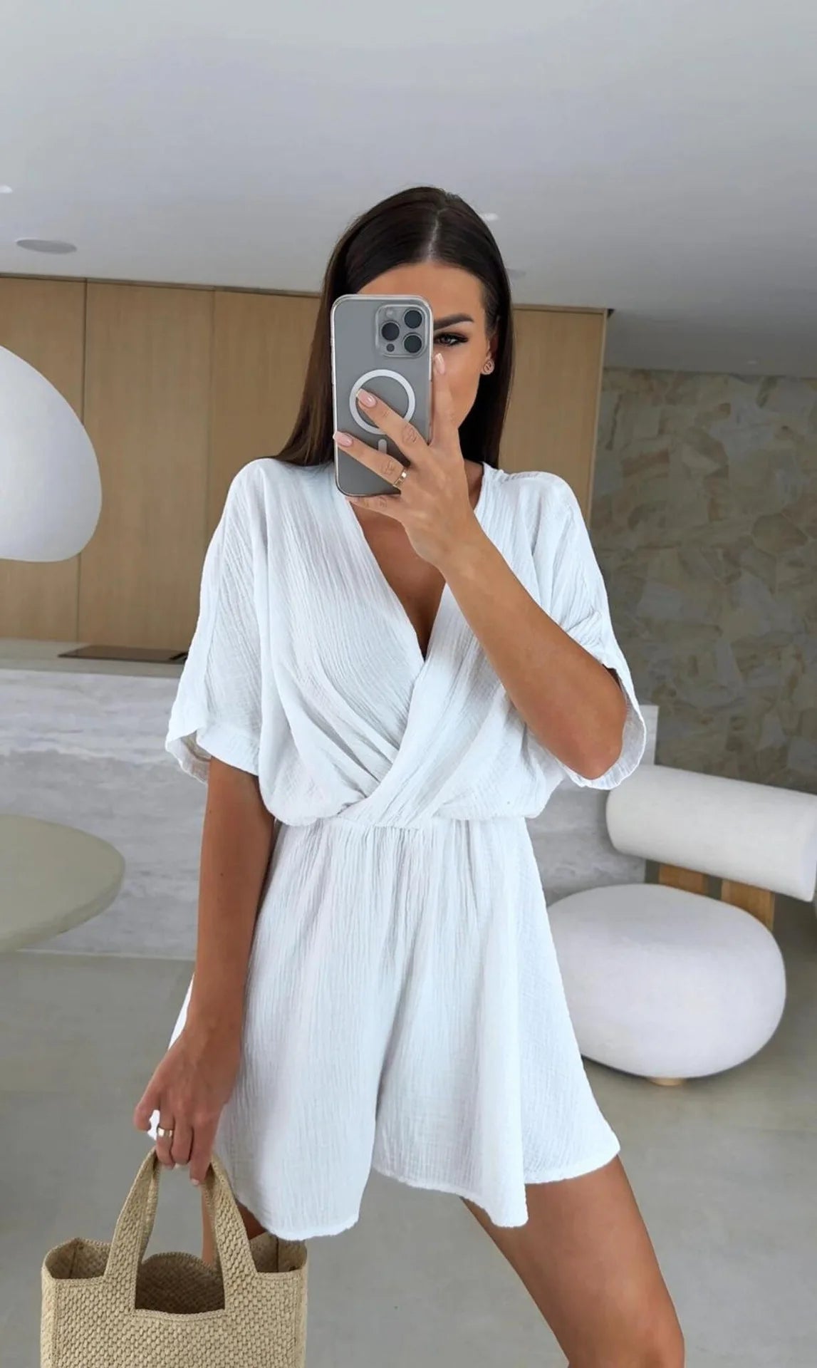 Elegant Deep V Neck Short Sleeve White Romper for Women