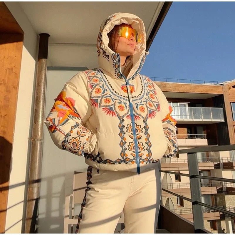 Printed Hooded Ski Jacket And Wide Leg Pants Set for Women