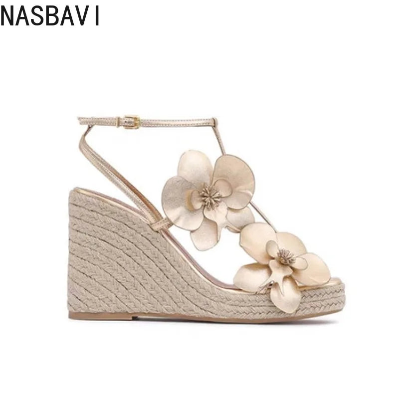 Gold Flower Woven High Heel Sandals