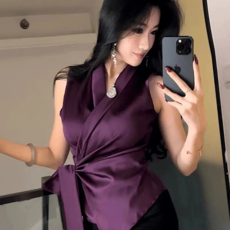 Solid V Neck Bandage Sleeveless Elegant Top for Women