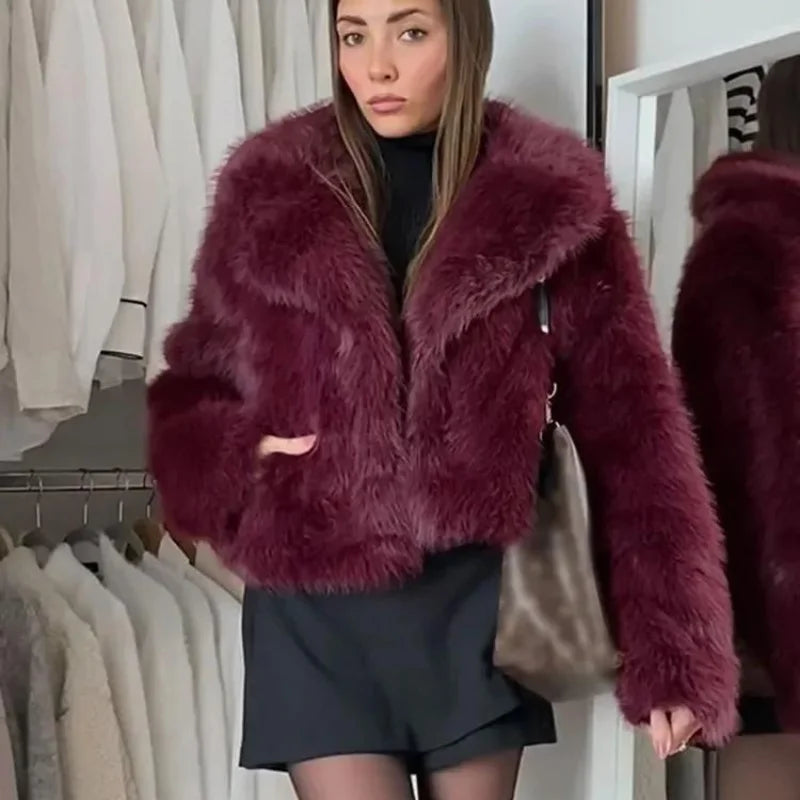 Burgundy Faux Fur Coat Vintage Long Sleeve Furry Warm Jacket Casual Fashion Women Coats 2025 Autumn High Street Lady Outerwear