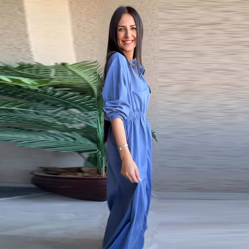 Women's Fashion Zipper Waist Long Dress Casual Solid Laple Full Sleeve A-line Long Robe Lady 2025 Autumn Chic Loose Streetwear