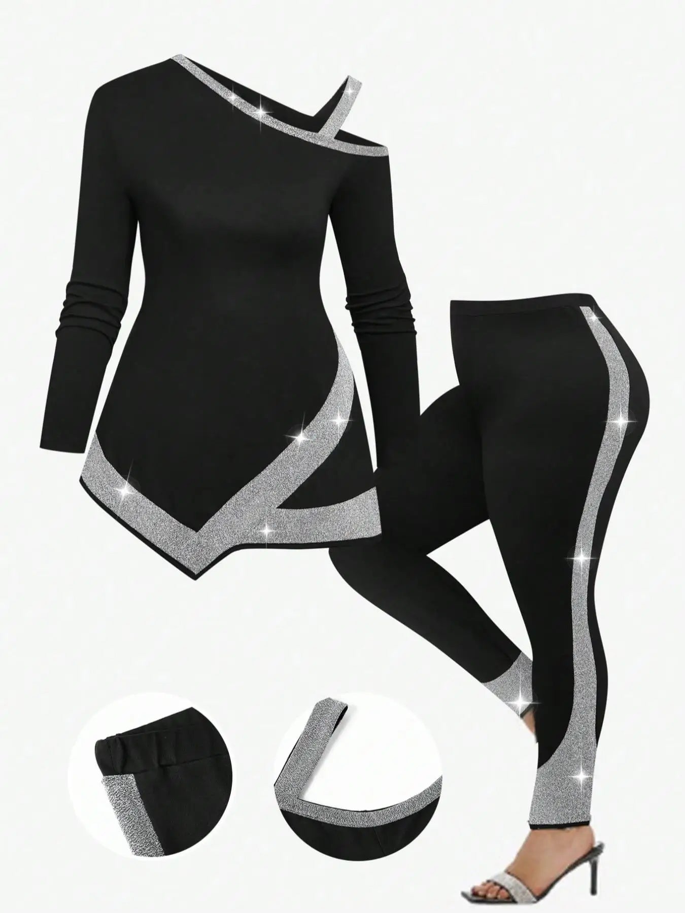 【Plus Size】 Two-Piece Set Patchwork Asymmetrical Neck Tee & Elastic Waist Pants, Casual Long Sleeve Asymmetrical Hem Top & Skinn