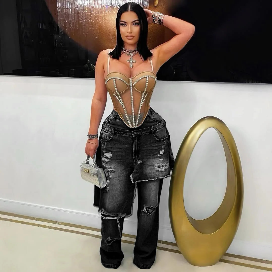 High Waist Ripped Patchwork Straight Cargo Jeans for Women