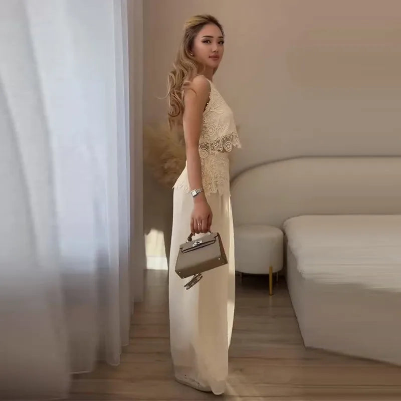 Elegant Crochet Vest And Wide Leg Pants Set for Women