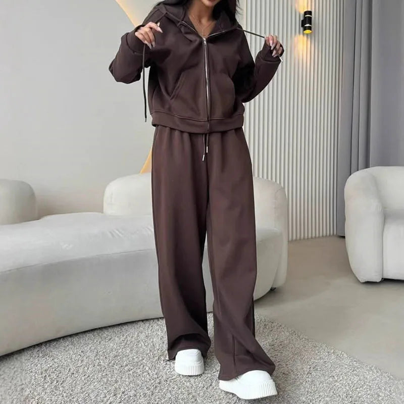 KUCLUT Fashion Sports Suit Long Sleeve Zipper Cardigan Hooded Sweatshirt Drawstring Elastic Trousers Two-piece Set Female 1A717