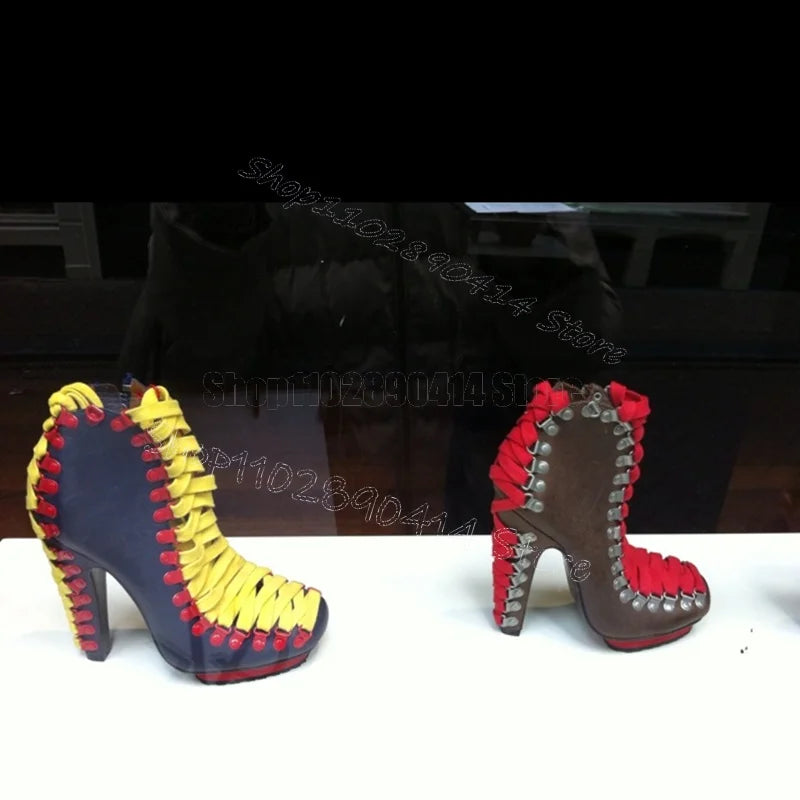 Blue and Yellow Suede Lace Up Ankle Boots for Women