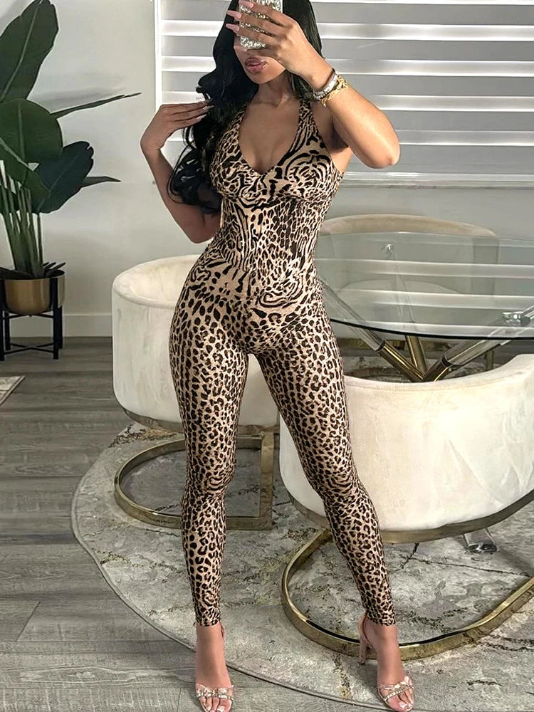 Leopard Print Sleeveless Jumpsuit with Stretch for Women