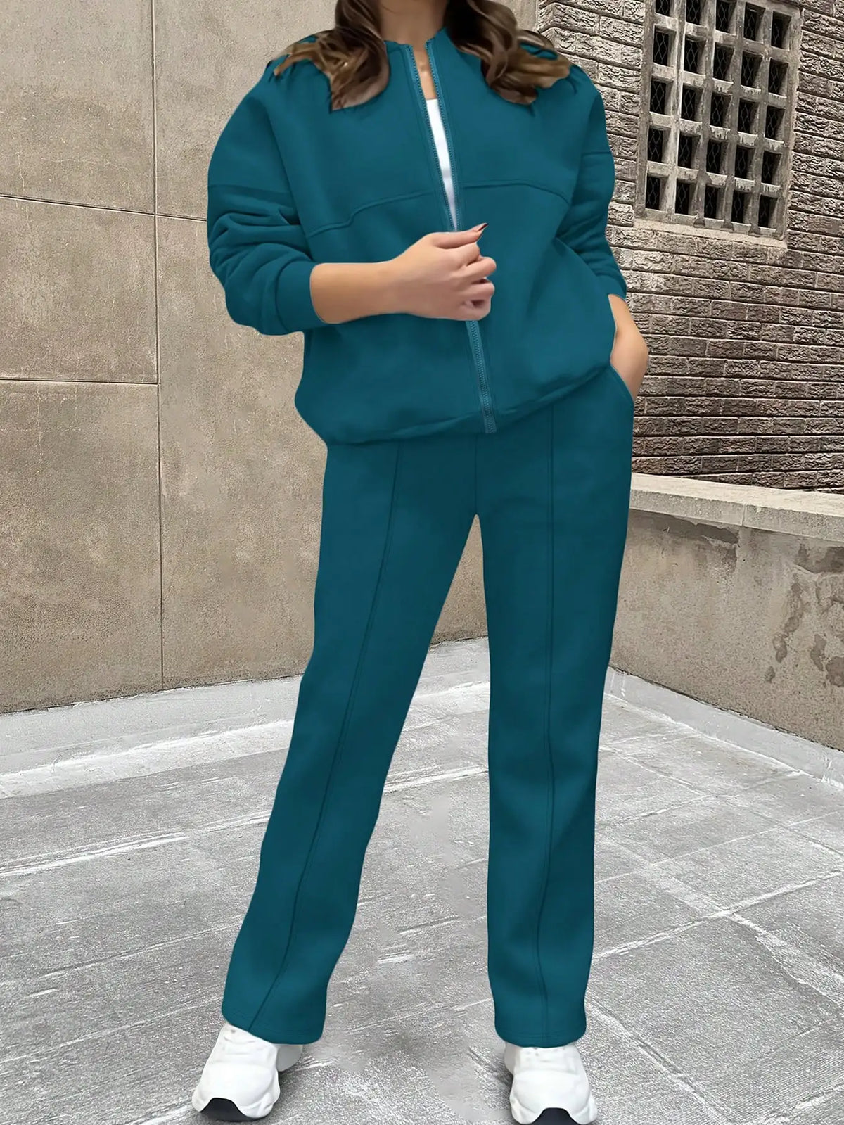 2026 Fall/Winter Fashion New Solid Color Simple Sweatshirt Jacket with Pockets and Straight-Leg Pants Set, Casual and Versatile Two-Piece Outfit