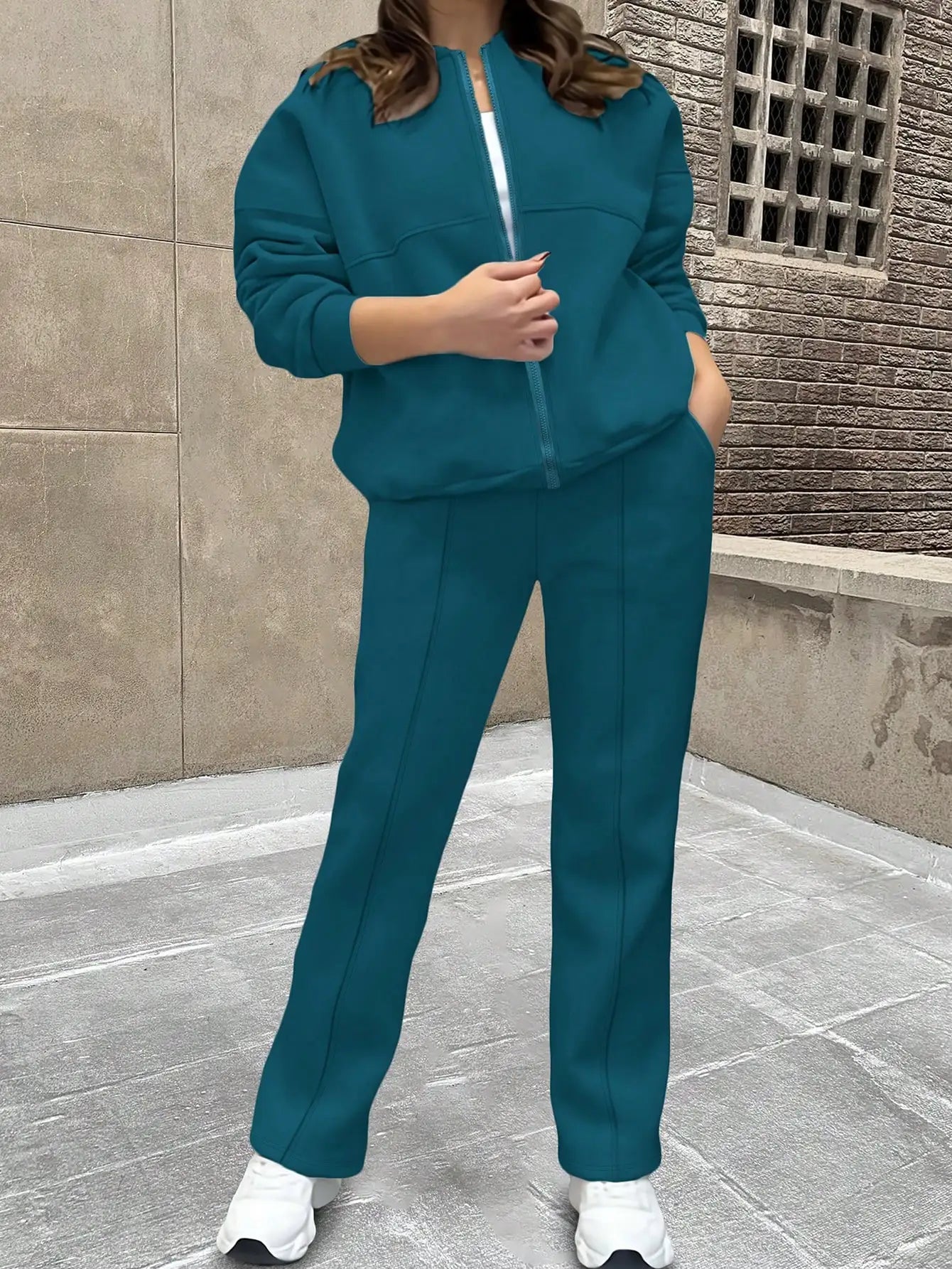 2026 Fall/Winter Fashion New Solid Color Simple Sweatshirt Jacket with Pockets and Straight-Leg Pants Set, Casual and Versatile Two-Piece Outfit