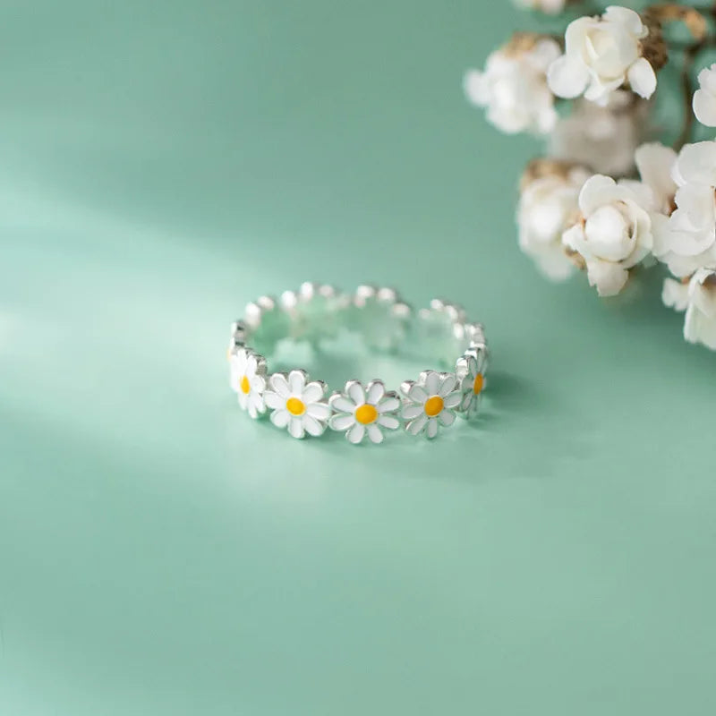 Enamel Daisy Adjustable Open Ring