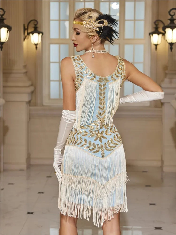 Sequined Beaded Embroidery O Neck Knee Length Dress for Women
