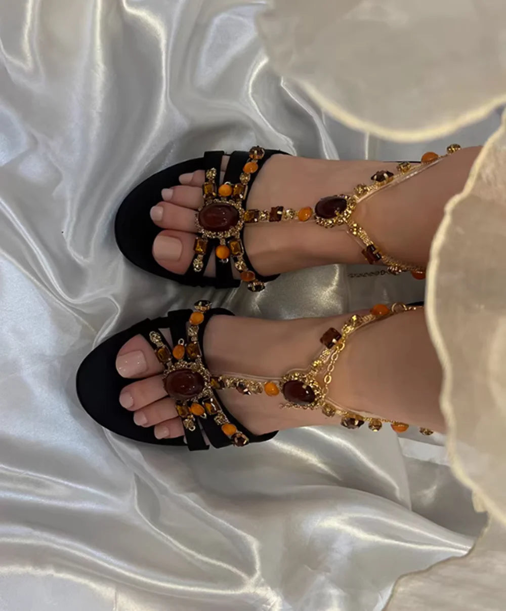 Black Satin Gold Beaded Stilettos