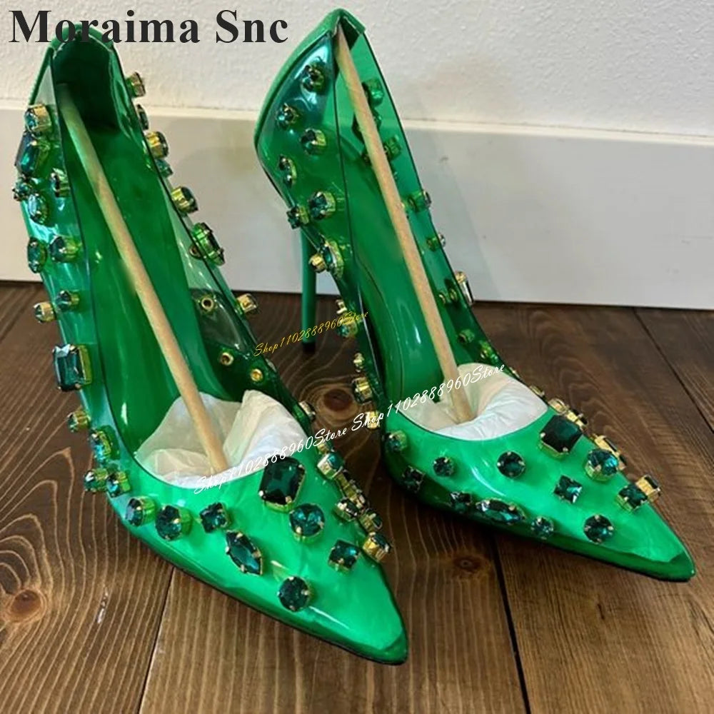 Luxurious Green Crystal Pointed Toe Pumps For Women