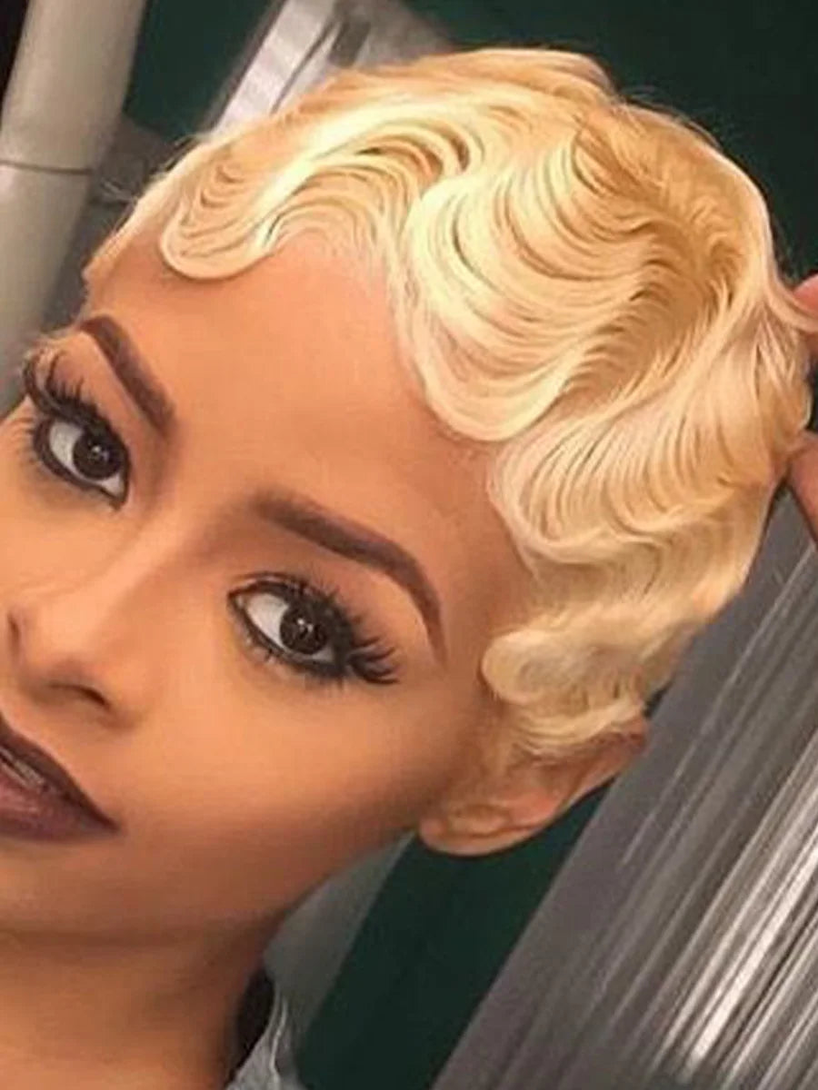 Blonde Finger Wave Pixie Cut Human Hair Wig For Women
