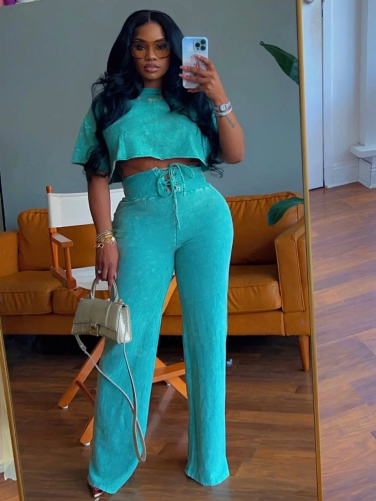 Tie Dye Crop Top and Pants Two Piece Tracksuit Set for Women