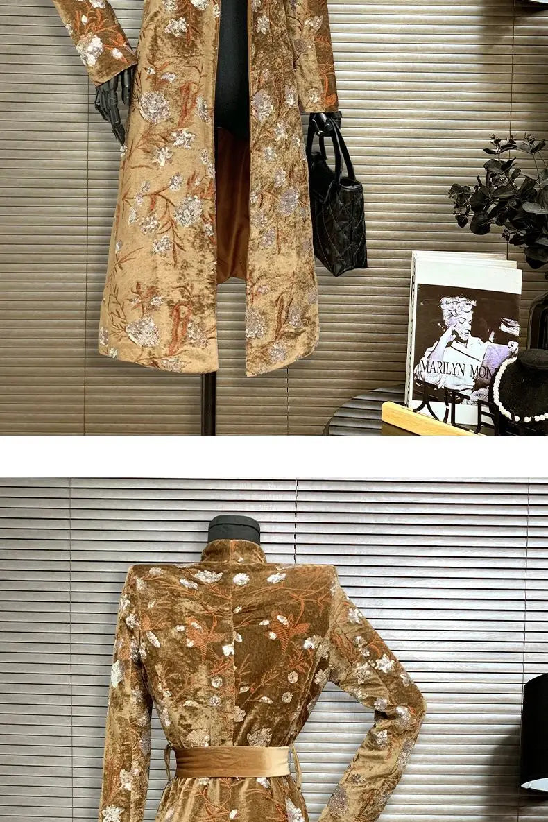 Golden Velvet Adjustable Waist Windbreaker Coat Autumn/Winter New English style Luxury Sequin Embroidered Women's Coat